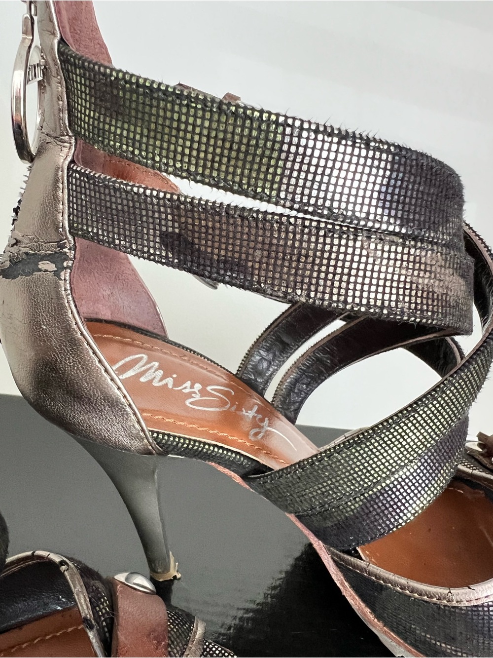 Miss Sixty Iridescent Black Strappy High Heel Sandals with Brown Accents - Picture 9 of 16